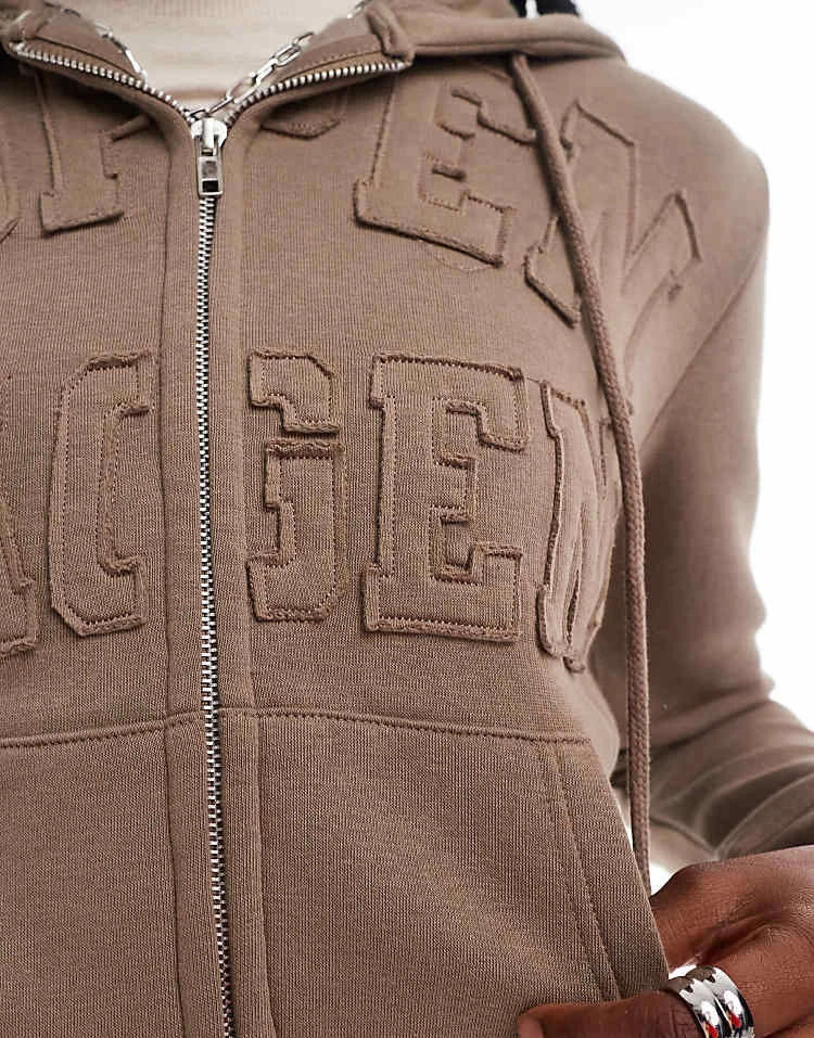 Daisy Street Dasiy Street Zip Up Hoodie With Copenhagen Frayed Applique For Women Brown 3 Daisy Street Dasiy Street Zip Up Hoodie With Copenhagen Frayed Applique For Women Brown - Image 3