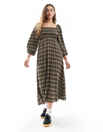 Daisy Street Balloon Sleeve Maxi Dress With Shirred Bodice In Bronw Navy Check For Women Brown Navy Check