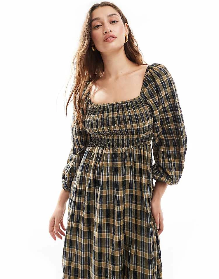 Daisy Street Balloon Sleeve Maxi Dress With Shirred Bodice In Bronw Navy Check For Women Brown Navy Check 2 Daisy Street Balloon Sleeve Maxi Dress With Shirred Bodice In Bronw Navy Check For Women Brown Navy Check - Image 2