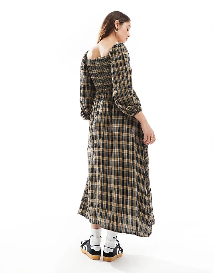 Daisy Street Balloon Sleeve Maxi Dress With Shirred Bodice In Bronw Navy Check For Women Brown Navy Check 4 Daisy Street Balloon Sleeve Maxi Dress With Shirred Bodice In Bronw Navy Check For Women Brown Navy Check - Image 4