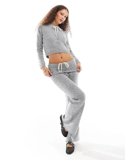 Daisy Street Ribbon Bow Fold Over Flare Fit Knit Trousers In Grey Co-ord For Women