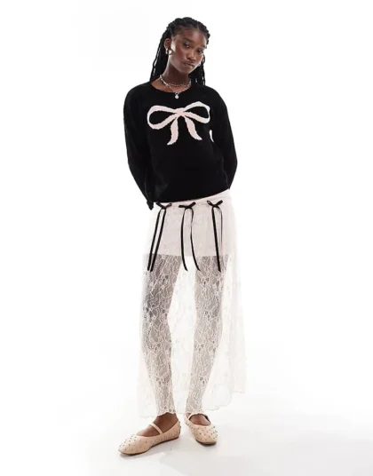 Daisy Street Black Fitted Sweatshirt With Pink Bow Graphic In Black For Women