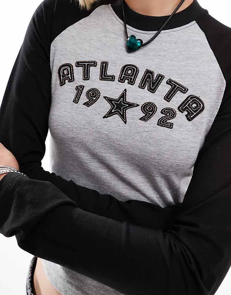Daisy Street Applique Raglan Atlanta Baby Tee For Women Grey 4 Daisy Street Applique Raglan Atlanta Baby Tee For Women Grey - Image 4