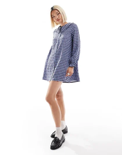 Daisy Street Gingham Shift Smock Dress With Ruffle Collar For Women Blue Check Multi