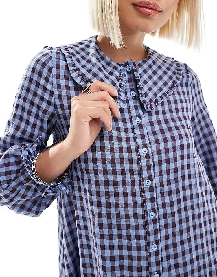 Daisy Street Gingham Shift Smock Dress With Ruffle Collar For Women Blue Check Multi 2 Daisy Street Gingham Shift Smock Dress With Ruffle Collar For Women Blue Check Multi - Image 2