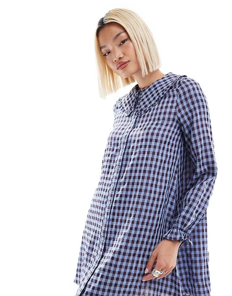 Daisy Street Gingham Shift Smock Dress With Ruffle Collar For Women Blue Check Multi 4 Daisy Street Gingham Shift Smock Dress With Ruffle Collar For Women Blue Check Multi - Image 4