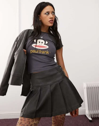 Daisy Street Low Rise Pleated Mini Skirt In PU Co-ord For Women Black