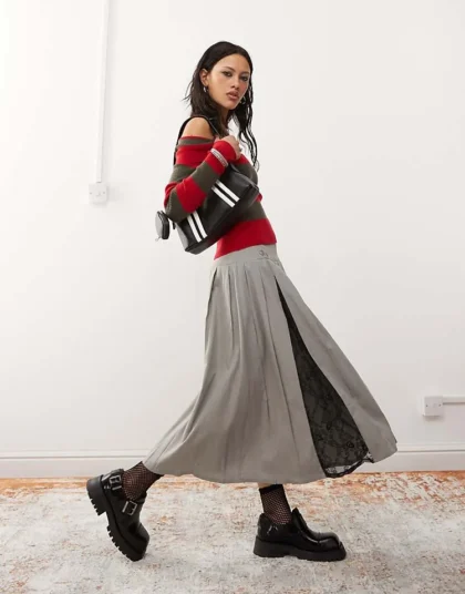 Daisy Street Pleated Midaxi Skirt Lace Insert Skirt For Women Grey