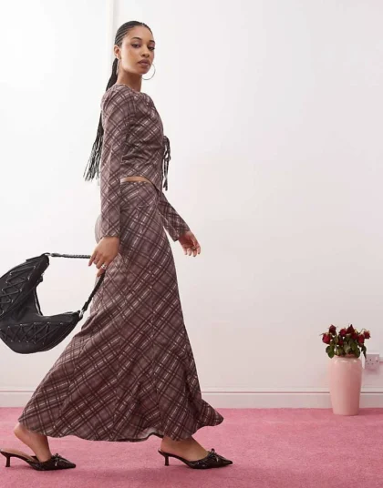 Daisy Street Midaxi Low Rise Skirt In Burgundy Check Co-ord For Women