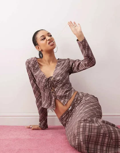 Daisy Street Crop Tie Front Top In Burgundy Check Co-ord For Women