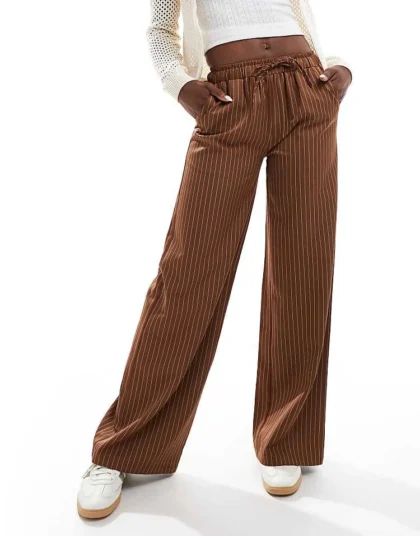 Daisy Street Pull On Wide Leg Trousers In Brown Pinstripe For Women