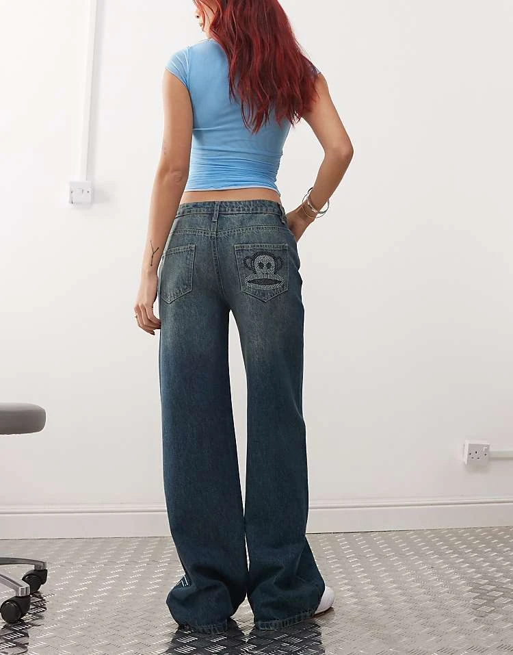 Daisy Street X Paul Frank Wide Leg Denim Jeans With Diamante Logo And Back Pocket Detail For Women Vintage Wash 2 Daisy Street X Paul Frank Wide Leg Denim Jeans With Diamante Logo And Back Pocket Detail For Women Vintage Wash - Image 2
