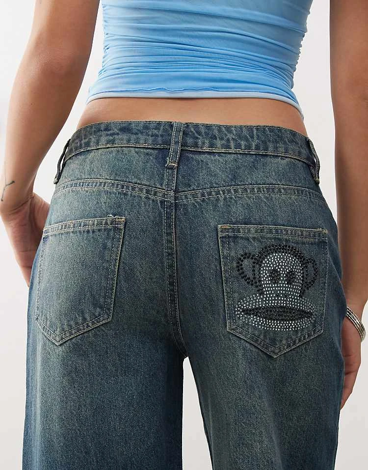 Daisy Street X Paul Frank Wide Leg Denim Jeans With Diamante Logo And Back Pocket Detail For Women Vintage Wash 4 Daisy Street X Paul Frank Wide Leg Denim Jeans With Diamante Logo And Back Pocket Detail For Women Vintage Wash - Image 4