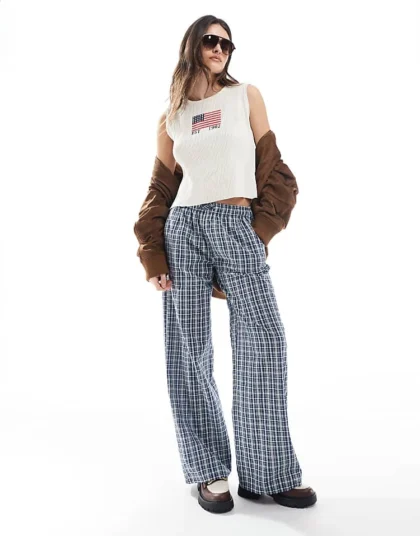 Daisy Street Pull On Drawstring Trouser In Navy Gingham For Women