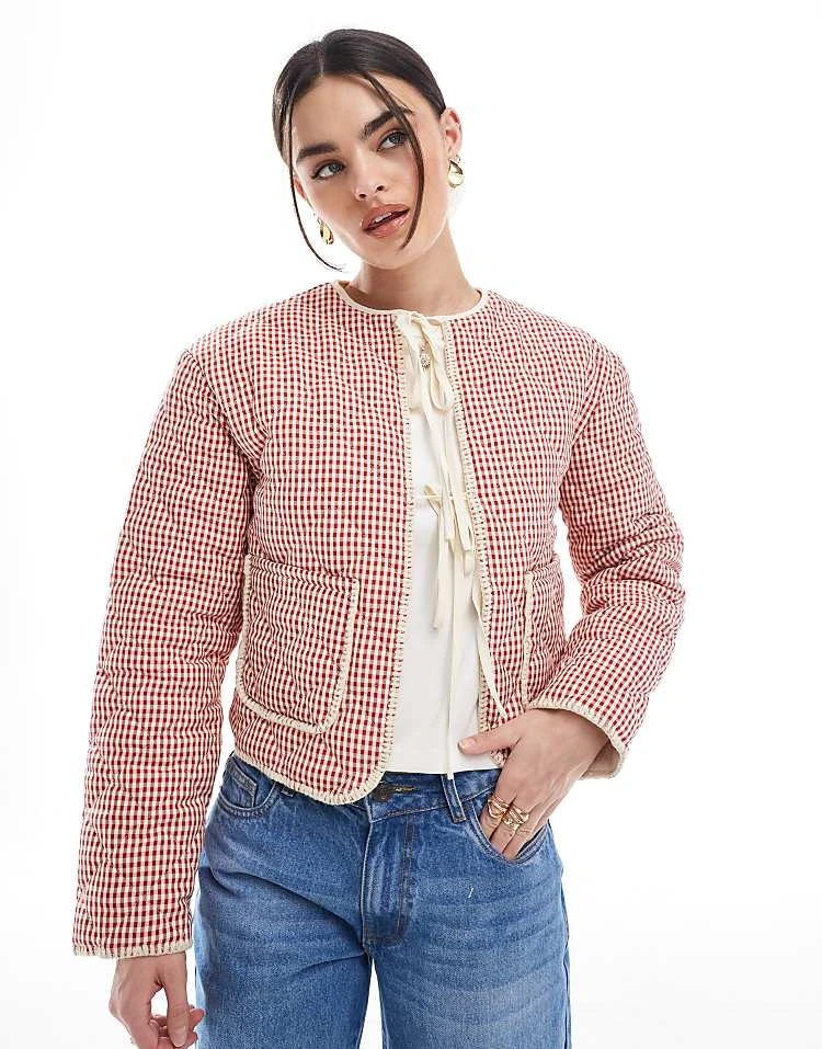 Daisy Street Quilted Jacket In Red Gingham For Women 1 Daisy Street Quilted Jacket In Red Gingham For Women