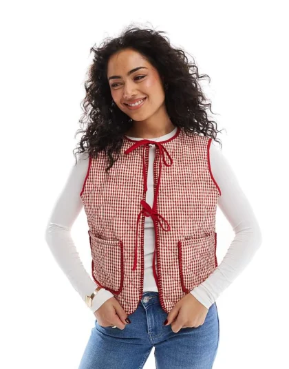 Daisy Street Quilted Gilet In Red Gingham For Women