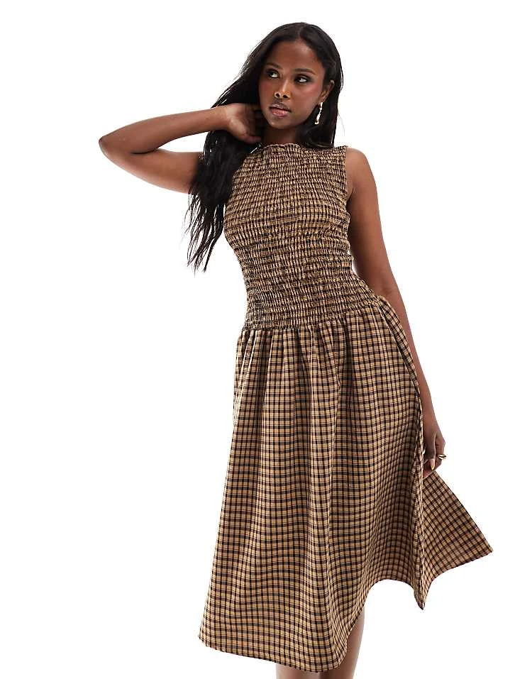 Daisy Street Drop Waist Shirred Midaxi Dress In Brown Check For Women 1 Daisy Street Drop Waist Shirred Midaxi Dress In Brown Check For Women