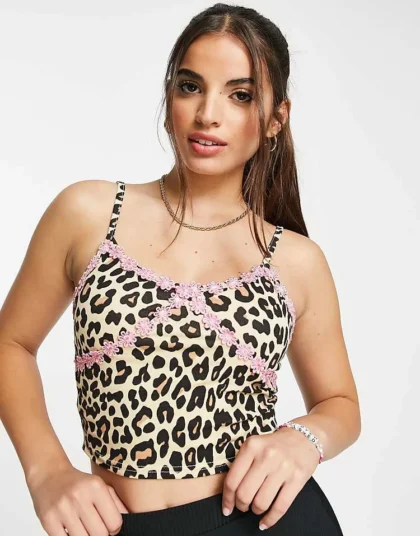 Daisy Street Cami Crop Top With Lace Trim In Leopard Print For Women Brown Leopard
